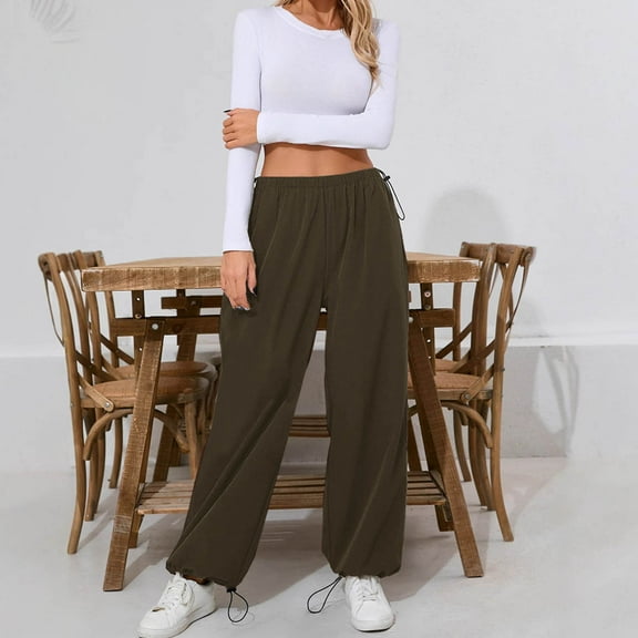 Sevevn Women's Solid Color With Pocket Drawstring Loose Casual Sports Sweatpants Long Pants Army Green L Gift for Girls