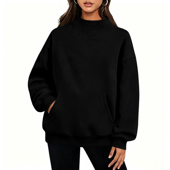 Sevevn Women's Solid Mock Neck Fleece Sweatshirt Loose Long Sleeve Pullover With Side Pockets Fall Winter