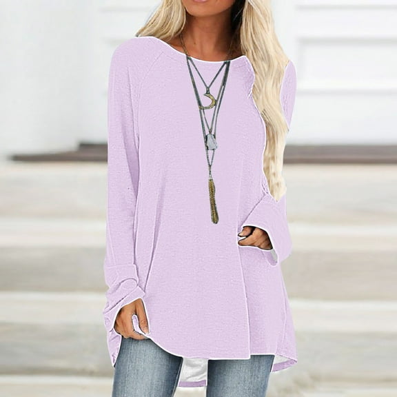 Sevevn Women's Solid T-shirt Long Sleeves Blouse Round Neck Casual Tops Pink XXL Family Gifts