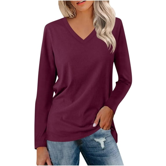 Sevevn Women's Solid V-Neck Long Sleeve Top Purple M Family Gifts