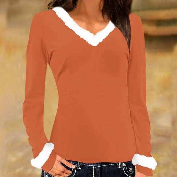 Sevevn Women's Solid V-neck Collar Long Sleeved Top Orange XXL Summer Savings