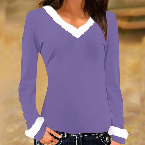 Sevevn Women's Solid V-neck Collar Long Sleeved Top Purple M Holiday Gift Finder
