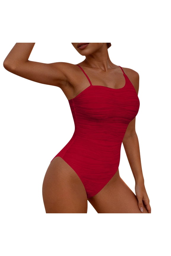 Women's Spaghetti Strap Textured One Piece Swimsuit Tummy Control Bathing Suit Red M