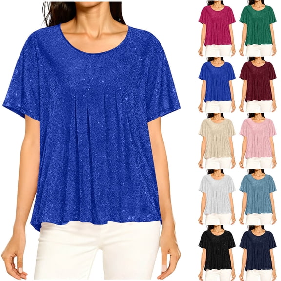 Sevevn Women's Sparkly Glitter T-Shirt Short Sleeve Loose Fit Shiny Dressy Top for Party Daily Wear Blue XL