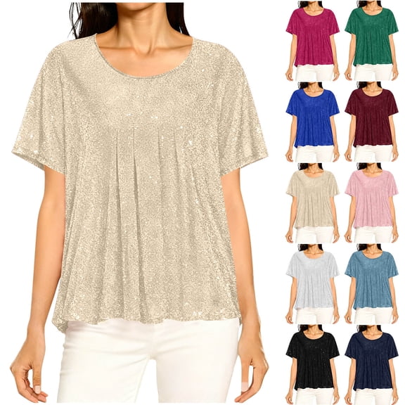 Sevevn Women's Sparkly Glitter T-Shirt Short Sleeve Loose Fit Shiny Dressy Top for Party Daily Wear Khaki L
