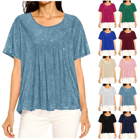 Sevevn Women's Sparkly Glitter T-Shirt Short Sleeve Loose Fit Shiny Dressy Top for Party Daily Wear Light Blue M