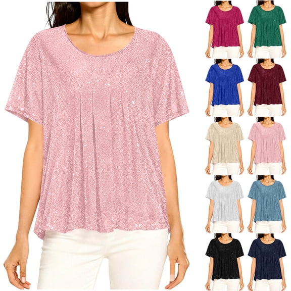 Sevevn Women's Sparkly Glitter T-Shirt Short Sleeve Loose Fit Shiny Dressy Top for Party Daily Wear Pink L