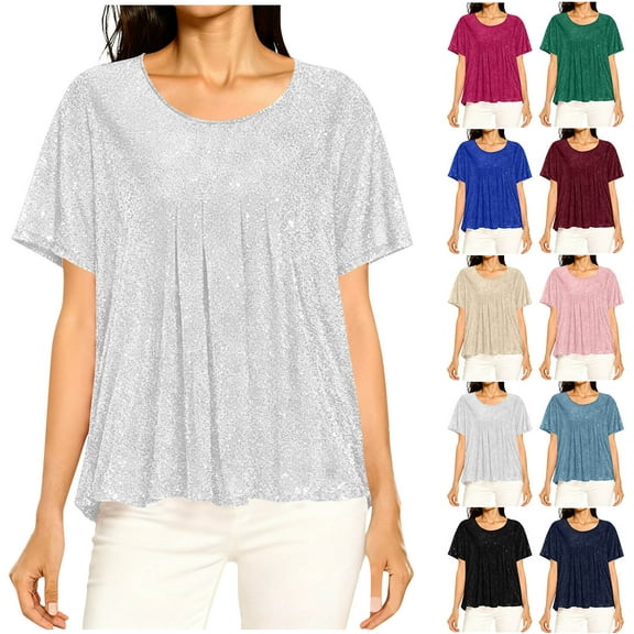 Sevevn Women's Sparkly Glitter T-Shirt Short Sleeve Loose Fit Shiny Dressy Top for Party Daily Wear Silver XXL