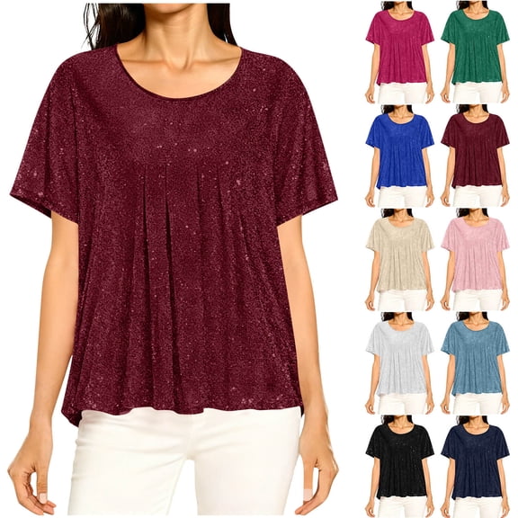 Sevevn Women's Sparkly Glitter T-Shirt Short Sleeve Loose Fit Shiny Dressy Top for Party Daily Wear Wine M