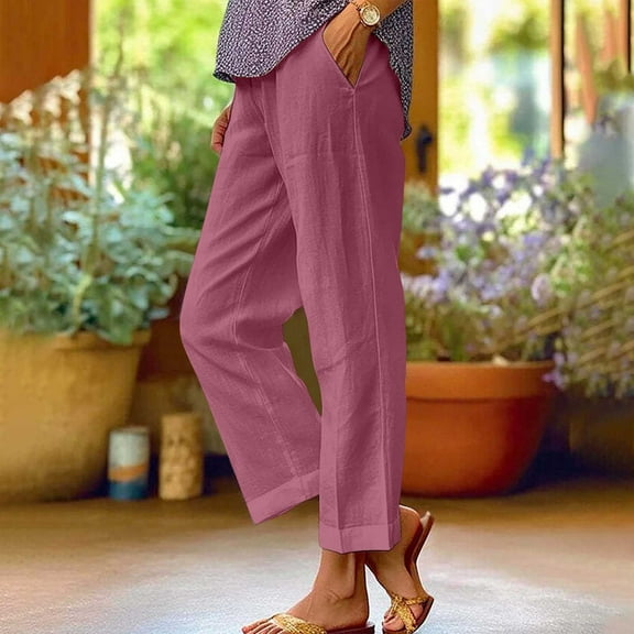Sevevn Women's Spring And Solid Color Elastic Waist Cotton Linen Versatile Straight Tube Casual Wide Leg Pants Purple M Summer Gift