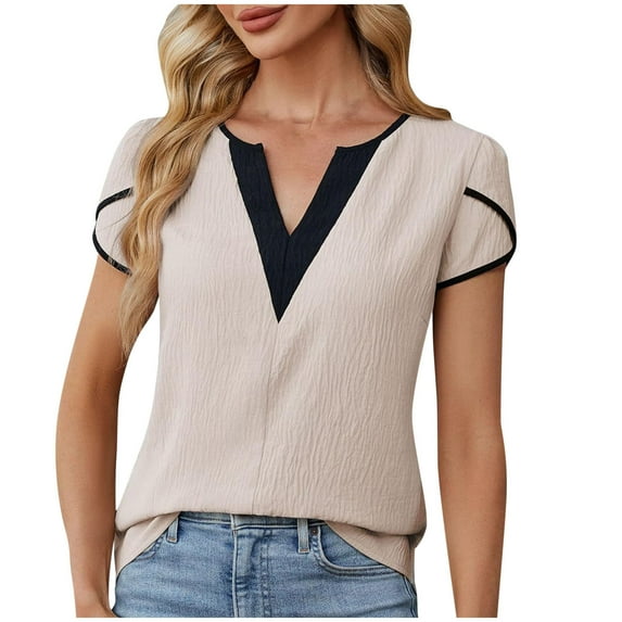 Sevevn Women's Spring And Summer Solid Color V-neck Short Sleeved T-shirt Knitted Top Beige XXXL Summer Deals