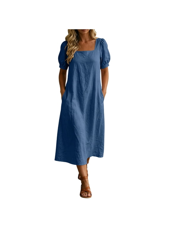 Women's Square Neck Puff Sleeve Midi Dress Linen-Look Casual Dress with Pockets Navy 2XL