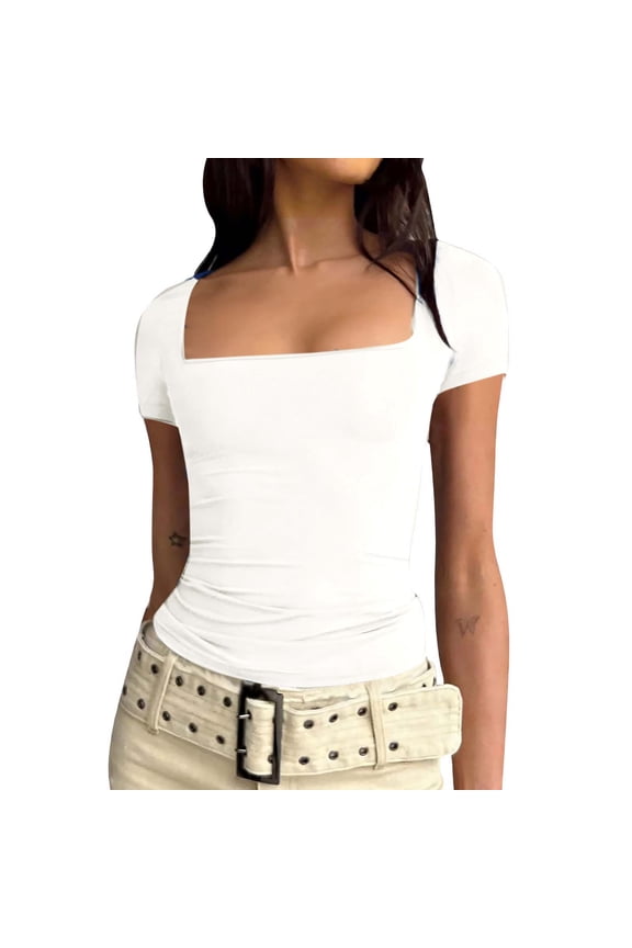 Women's Square Neck Short Sleeve Double-Layer Tops Basic Slim Fit Going Out T Shirt