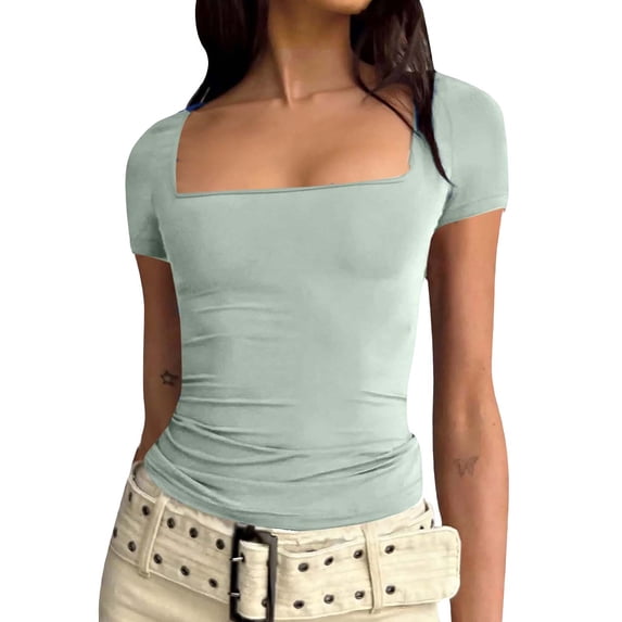 Sevevn Women's Square Neck Short Sleeve Double-Layer Tops Basic Slim Fit Going Out T Shirt