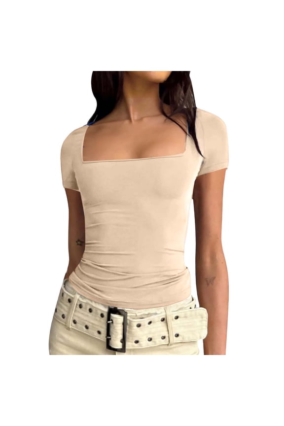 Women's Square Neck Short Sleeve Double-Layer Tops Basic Slim Fit Going Out T Shirt