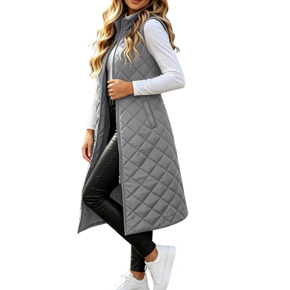 Sevevn Women's Stand‑Collar Quilted Long Puffer Vest Zip‑Up Maxi‑Length Sleeveless Gilet with Pockets Fall Winter Outerwear Gray S