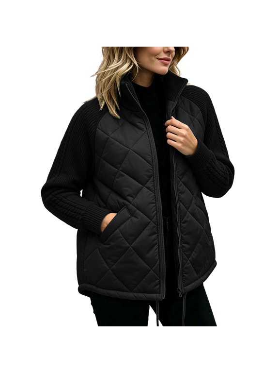 Women's Stand Collar Quilted Puffer Jacket Cable Knit Raglan Sleeve Zip‑Up Coat With Drawstring Hem Side Pockets Black XL