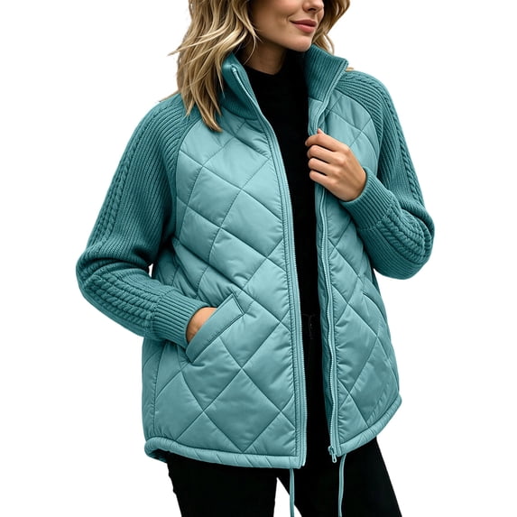 Sevevn Women's Stand Collar Quilted Puffer Jacket Cable Knit Raglan Sleeve Zip‑Up Coat With Drawstring Hem Side Pockets Green 3XL