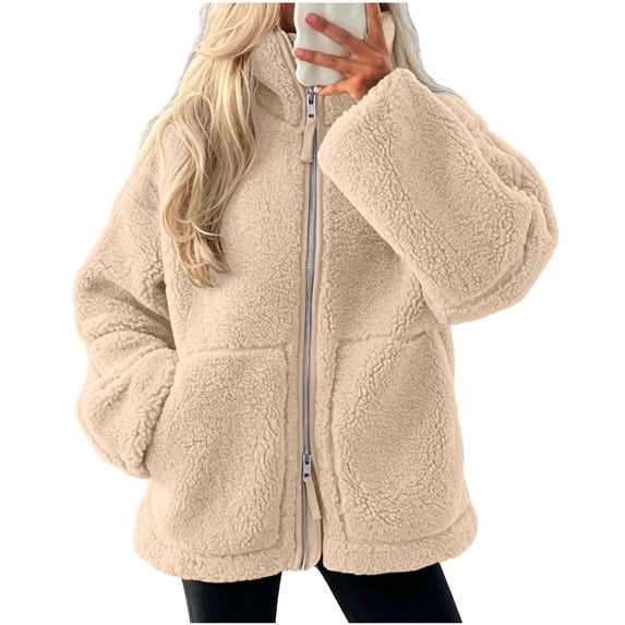 Sevevn Women's Stand Collar Zip‑Up Sherpa Fleece Jacket Loose Short Coat With Pockets Warm Fuzzy Outerwear Beige L