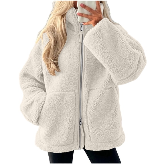 Sevevn Women's Stand Collar Zip‑Up Sherpa Fleece Jacket Loose Short Coat With Pockets Warm Fuzzy Outerwear White M