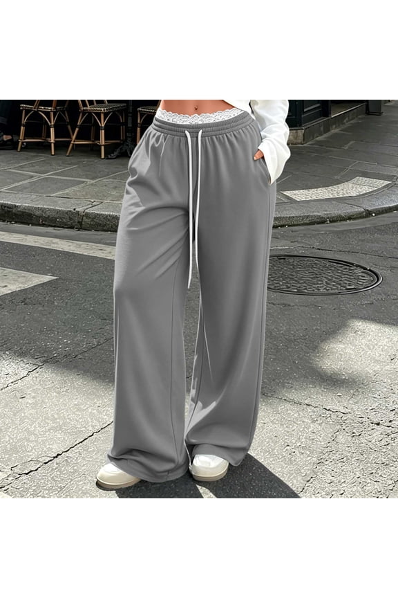Women's Straight Leg Sweatpants Lace Trim Drawstring Elastic High Waist Casual Full Length Trousers with Side Pockets Gray M