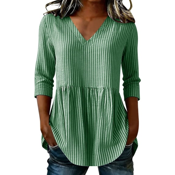 Sevevn Women's Striped 3/4 Sleeve V Neck Blouse Casual Loose Fit Peplum Tunic Top Green L