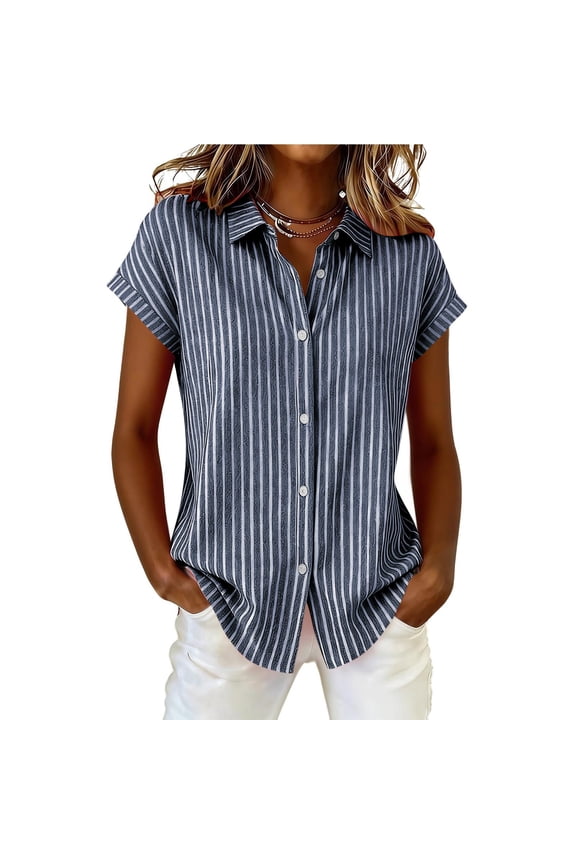 Women's Striped Button-Down Shirt Short Sleeve Rolled Cuff Collared Blouse Navy L