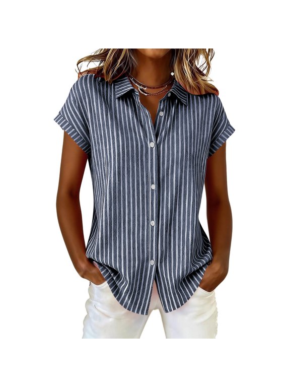 Women's Striped Button-Down Shirt Short Sleeve Rolled Cuff Collared Blouse Navy L