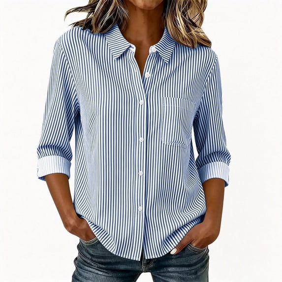 Sevevn Women's Striped Classic Collared Button Down Long Sleeve Blouse with Chest Pocket Office Work Fall Tops