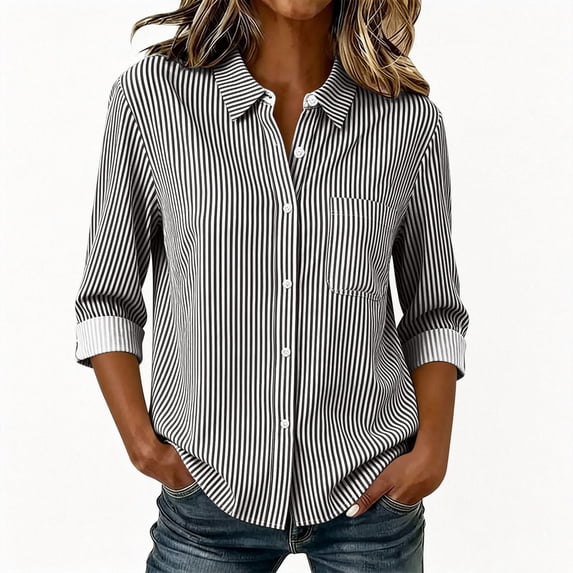 Sevevn Women's Striped Classic Collared Button Down Long Sleeve Blouse with Chest Pocket Office Work Fall Tops