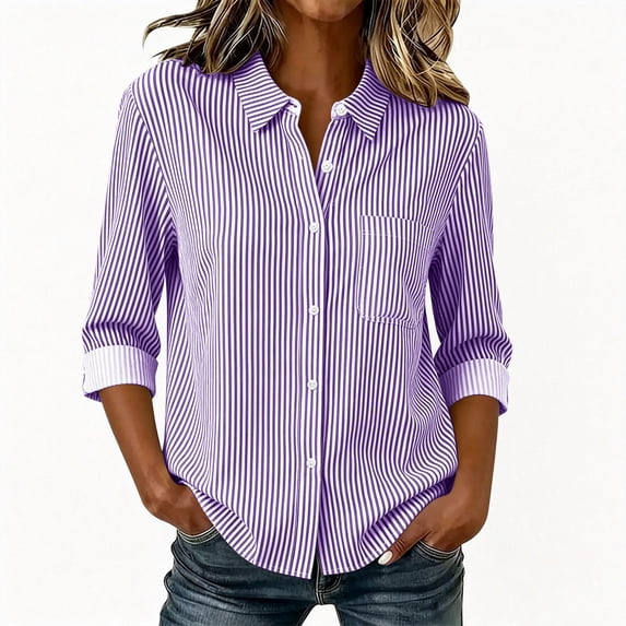 Sevevn Women's Striped Classic Collared Button Down Long Sleeve Blouse with Chest Pocket Office Work Fall Tops