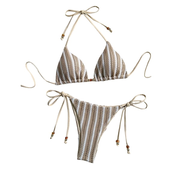 Sevevn Women's Striped Crochet Triangle Bikini Set Halter Side Tie Two Piece Swimsuit Coffee M