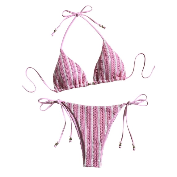 Sevevn Women's Striped Crochet Triangle Bikini Set Halter Side Tie Two Piece Swimsuit Pink L