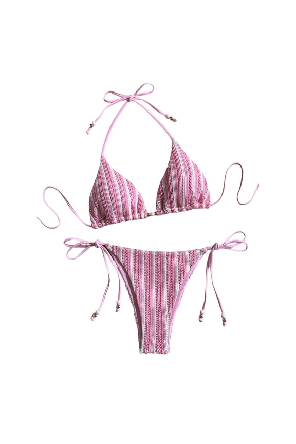 Women's Striped Crochet Triangle Bikini Set Halter Side Tie Two Piece Swimsuit Pink S