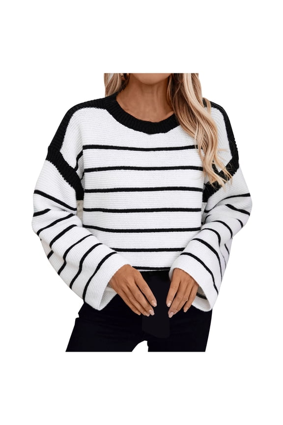 Women's Striped Drop Shoulder Sweater Oversized Crew Neck Knit Sweaters Pullover Top