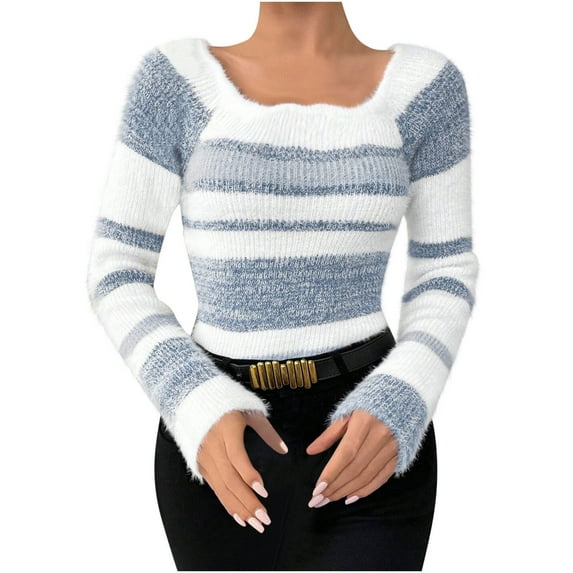 Sevevn Women's Striped Knit Scoop Neck Sweater Color Block Pullover Long Sleeve Trendy Cozy Sweaters