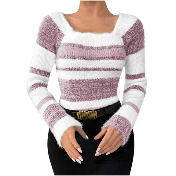Sevevn Women's Striped Knit Scoop Neck Sweater Color Block Pullover Long Sleeve Trendy Cozy Sweaters