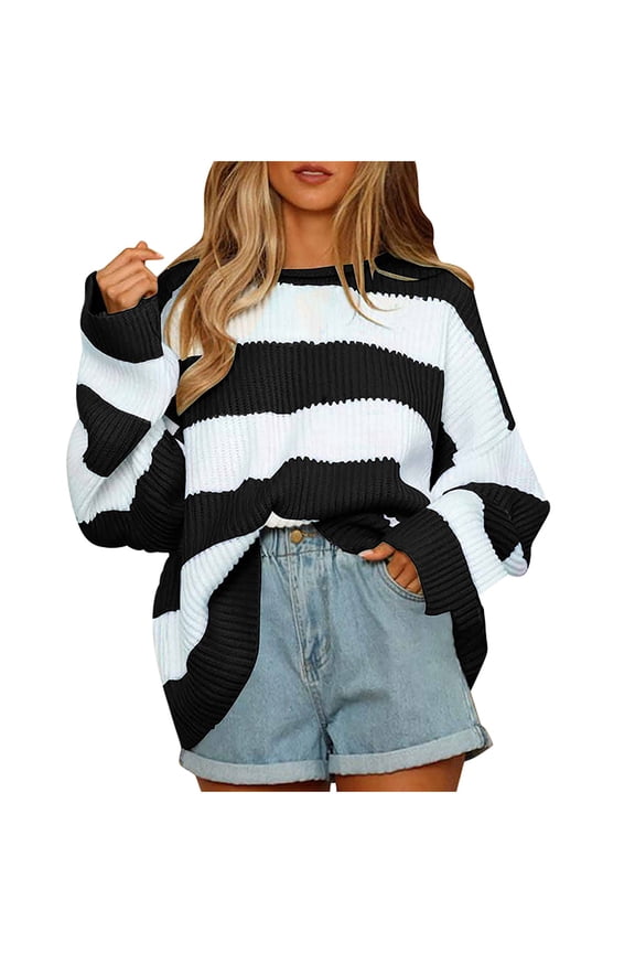 Women's Striped Knitted Pullover Crew Neck Fall Winter Sweater Long Sleeve Color Block Jumper