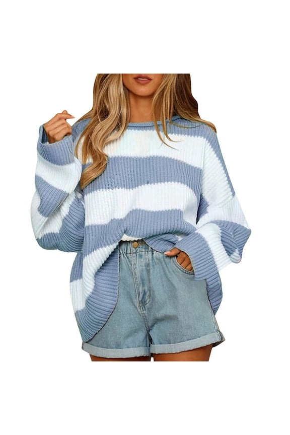 Women's Striped Knitted Pullover Crew Neck Fall Winter Sweater Long Sleeve Color Block Jumper