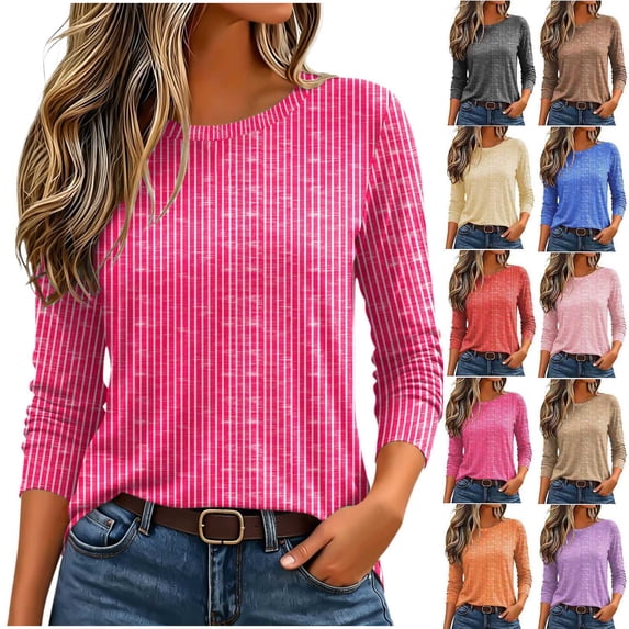 Sevevn Women's Striped Long Sleeve T Shirt Casual Crew Neck Tunic Top Soft Lightweight Stretch Blouse Loose Fit Basic Pullover Shirt for Daily Wear Work Office Vacation Fall Spring Hot Pink XXL
