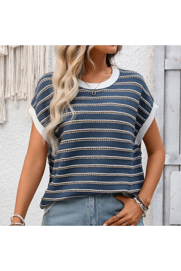 Women's Striped Short Sleeve Sweater Hollow Out Oversized Pullover Jumpers Tops