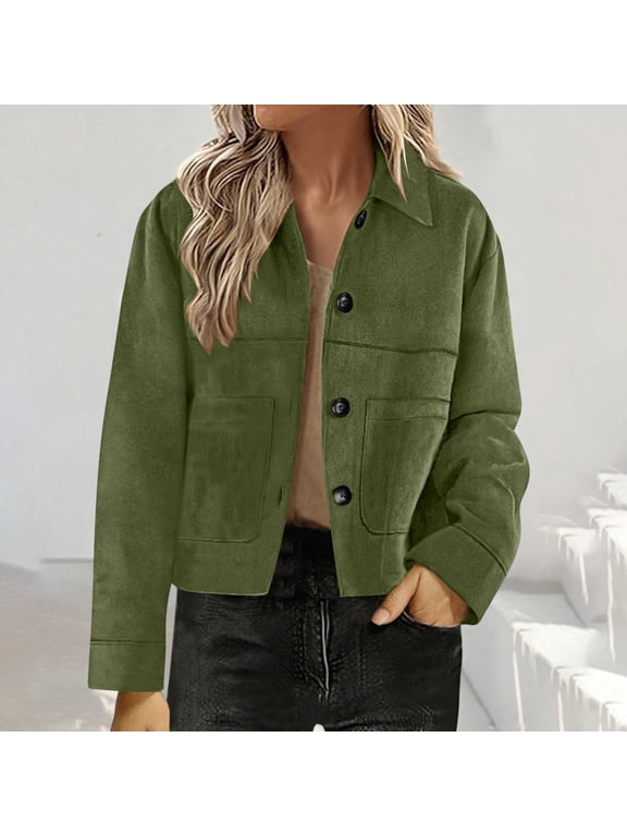 Women's Suede Jacket Casual Button Down Faux Suede Short Coat with Long Sleeves Fall Winter Vintage Style Outerwear Army Green L