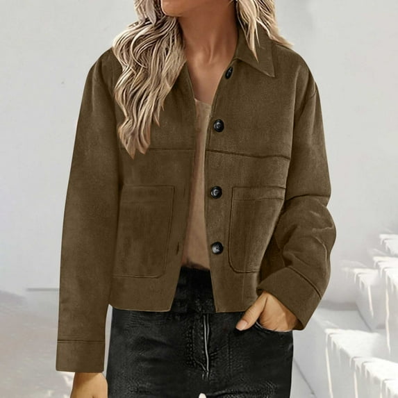 Sevevn Women's Suede Jacket Casual Button Down Faux Suede Short Coat with Long Sleeves Fall Winter Vintage Style Outerwear Brown M