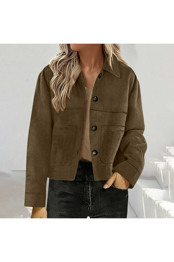 Women's Suede Jacket Casual Button Down Faux Suede Short Coat with Long Sleeves Fall Winter Vintage Style Outerwear Brown XL