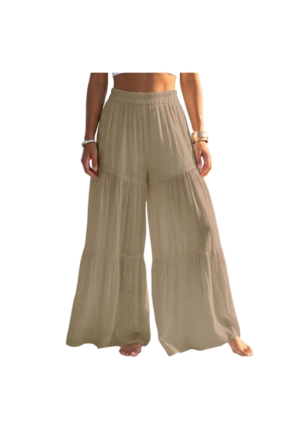 Women's Summer Boho Tiered Layered Ruffle Wide Leg Pants Elastic High Waist Flowy Maxi Beach Trousers