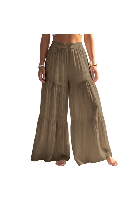 Women's Summer Boho Tiered Layered Ruffle Wide Leg Pants Elastic High Waist Flowy Maxi Beach Trousers