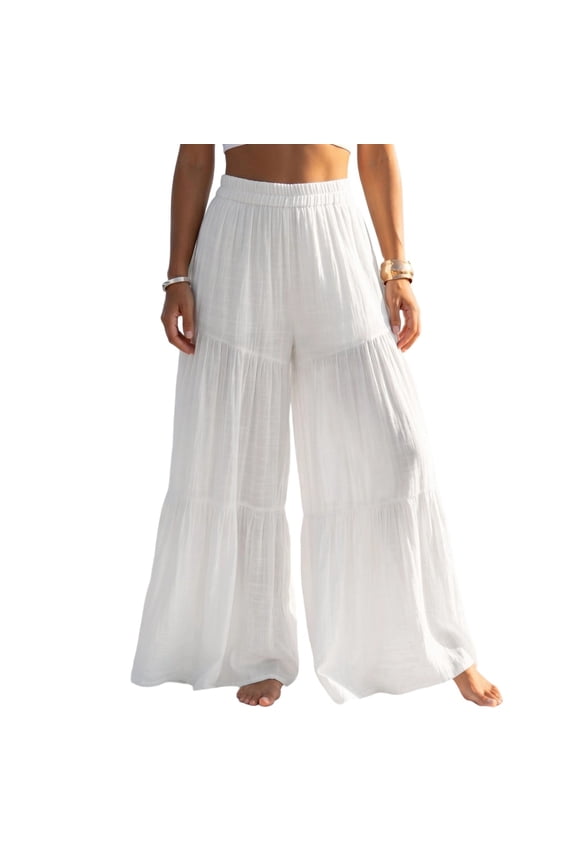 Women's Summer Boho Tiered Layered Ruffle Wide Leg Pants Elastic High Waist Flowy Maxi Beach Trousers