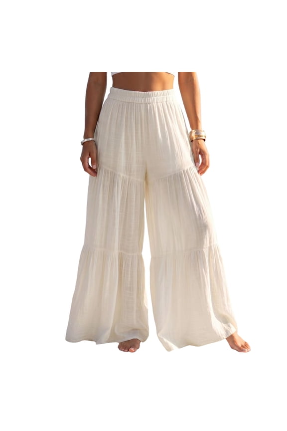 Women's Summer Boho Tiered Layered Ruffle Wide Leg Pants Elastic High Waist Flowy Maxi Beach Trousers