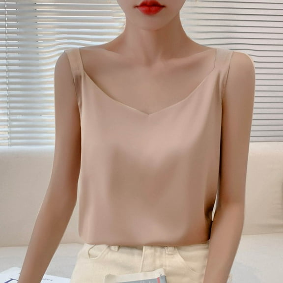 Sevevn Women's Summer Casual And Fashionable Solid V-neck Round Sleeveless Top Khaki M Rollbacks