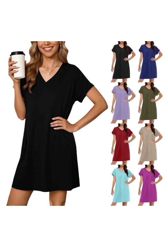 Women’s Summer Casual V Neck Short Sleeve T Shirt Dress Loose Fit Knee Length Solid Color Shift Dress for Daily Wear Work Vacation Black XXL